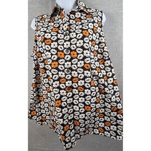 Lands End Women's 12 Sleeveless Button Up Orange White Floral Preppy Cottagecore